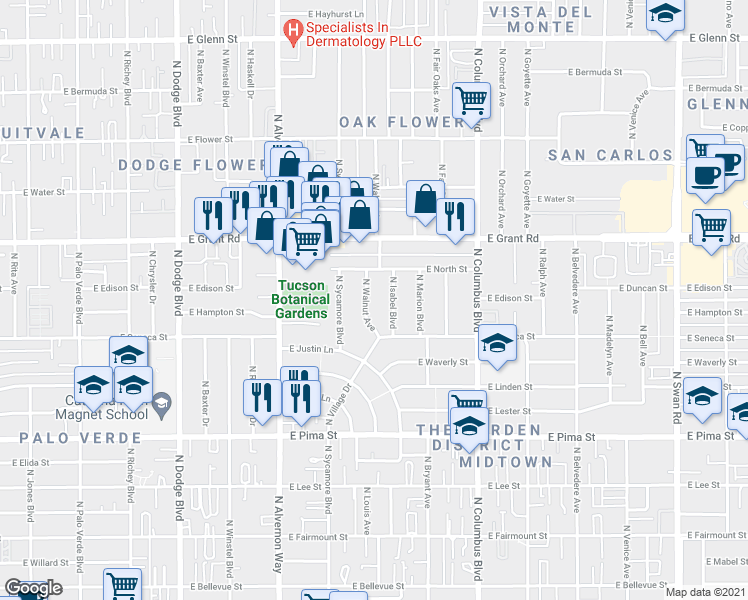 map of restaurants, bars, coffee shops, grocery stores, and more near 2204 North Walnut Avenue in Tucson