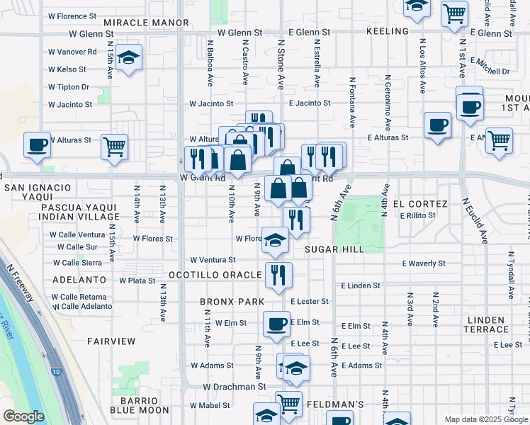 map of restaurants, bars, coffee shops, grocery stores, and more near 32 West Rillito Street in Tucson
