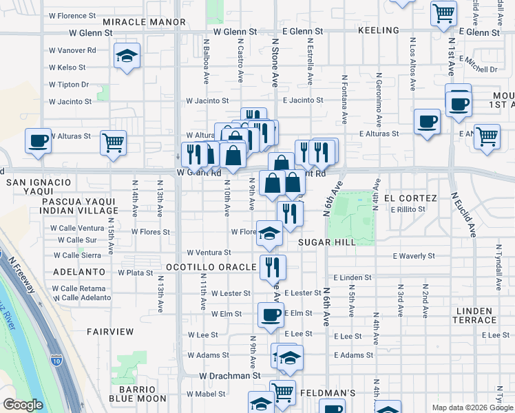 map of restaurants, bars, coffee shops, grocery stores, and more near 32 West Rillito Street in Tucson