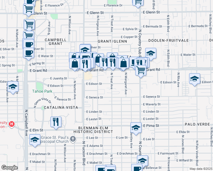 map of restaurants, bars, coffee shops, grocery stores, and more near 2628 East Edison Street in Tucson