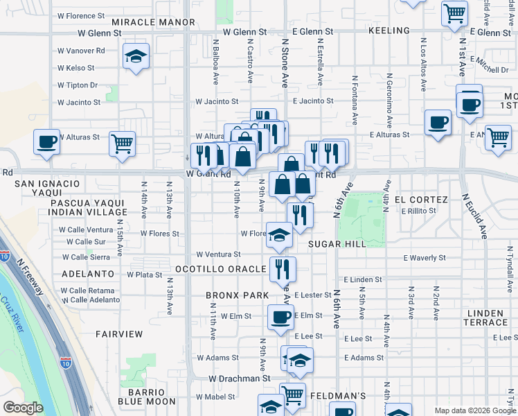 map of restaurants, bars, coffee shops, grocery stores, and more near 32 West Rillito Street in Tucson