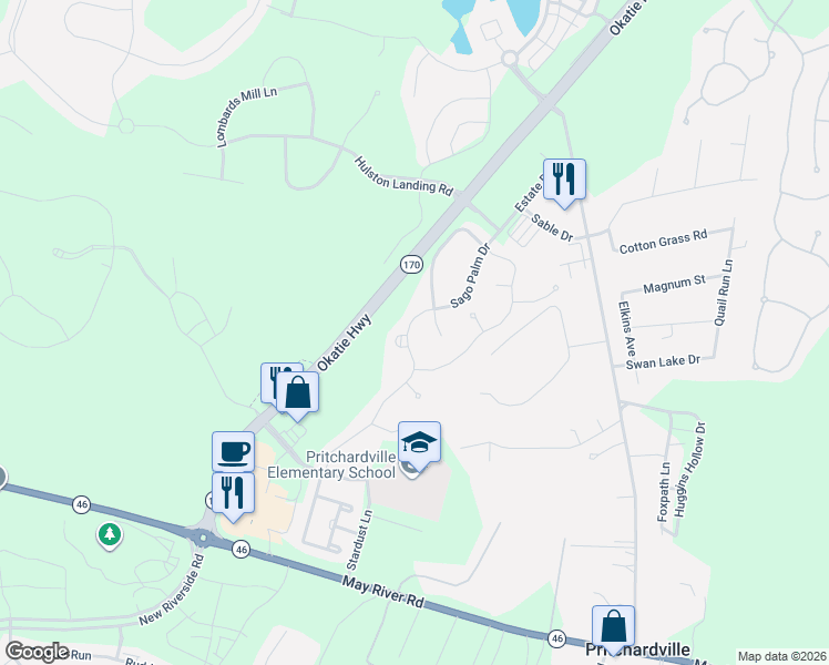 map of restaurants, bars, coffee shops, grocery stores, and more near 61 Sago Palm Drive in Bluffton
