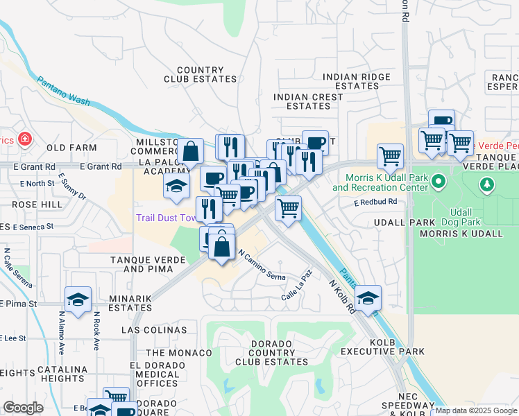map of restaurants, bars, coffee shops, grocery stores, and more near 2513 East Tanque Verde Road in Tucson