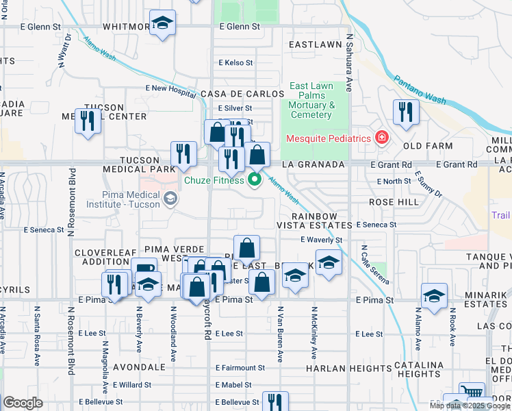 map of restaurants, bars, coffee shops, grocery stores, and more near 5602 East Edison Street in Tucson