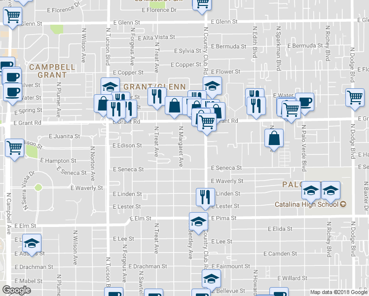 map of restaurants, bars, coffee shops, grocery stores, and more near 2936 East Edison Street in Tucson