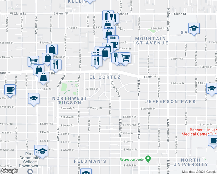 map of restaurants, bars, coffee shops, grocery stores, and more near 2245 North 1st Avenue in Tucson