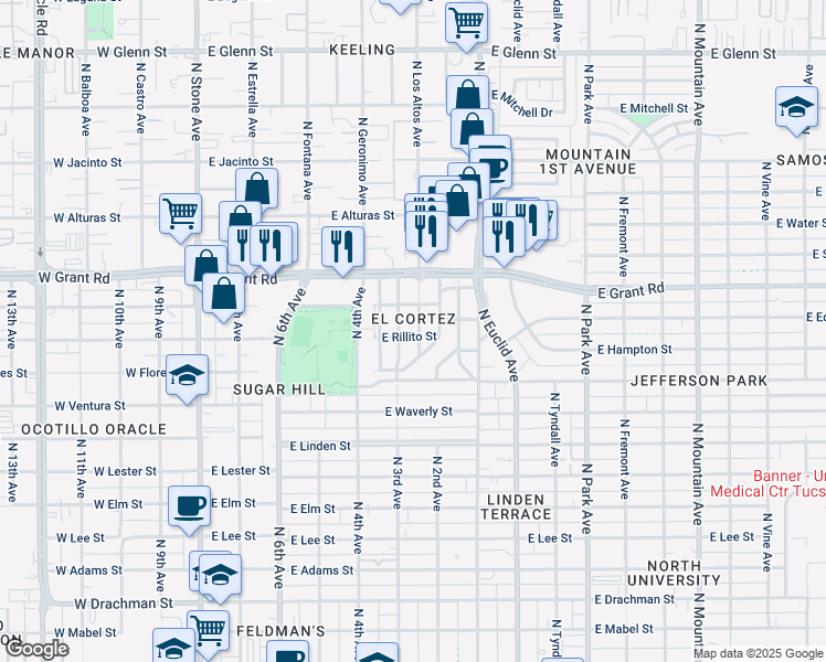 map of restaurants, bars, coffee shops, grocery stores, and more near 2224 North 3rd Avenue in Tucson