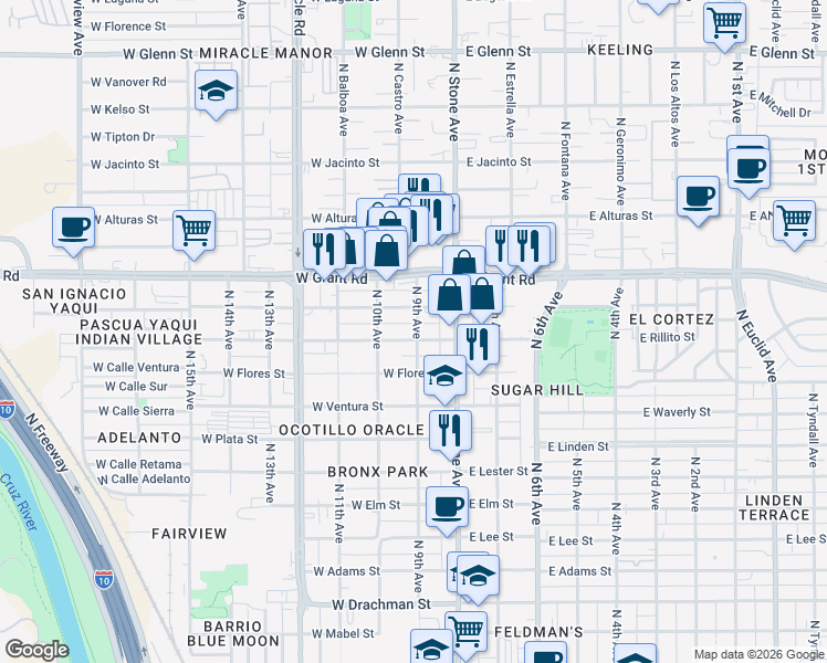 map of restaurants, bars, coffee shops, grocery stores, and more near 32 West Rillito Street in Tucson