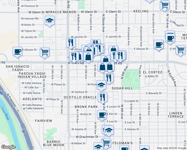 map of restaurants, bars, coffee shops, grocery stores, and more near 32 West Rillito Street in Tucson