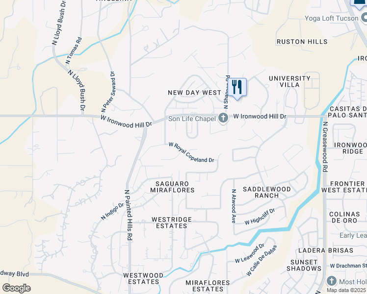 map of restaurants, bars, coffee shops, grocery stores, and more near 3090 West Royal Copeland Drive in Tucson