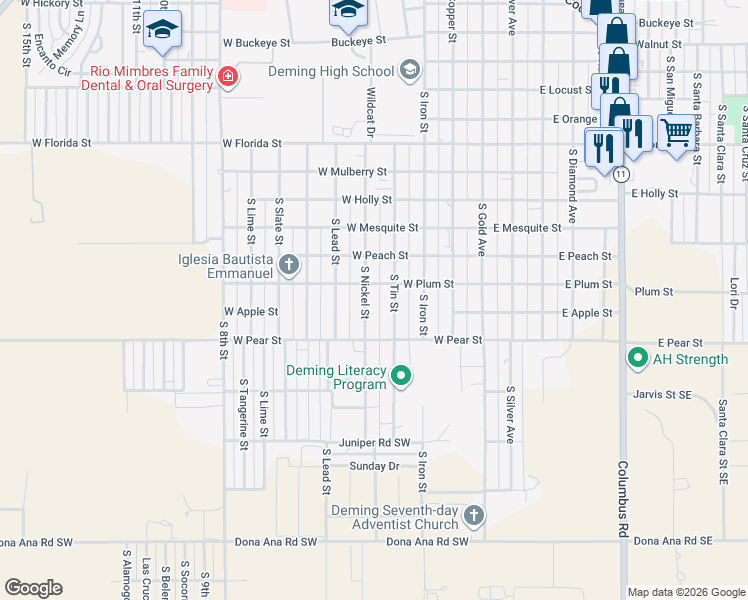map of restaurants, bars, coffee shops, grocery stores, and more near 2000-2024 South Tin Street in Deming