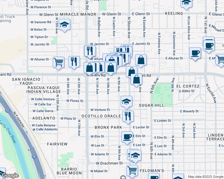 map of restaurants, bars, coffee shops, grocery stores, and more near 124 West Rillito Street in Tucson