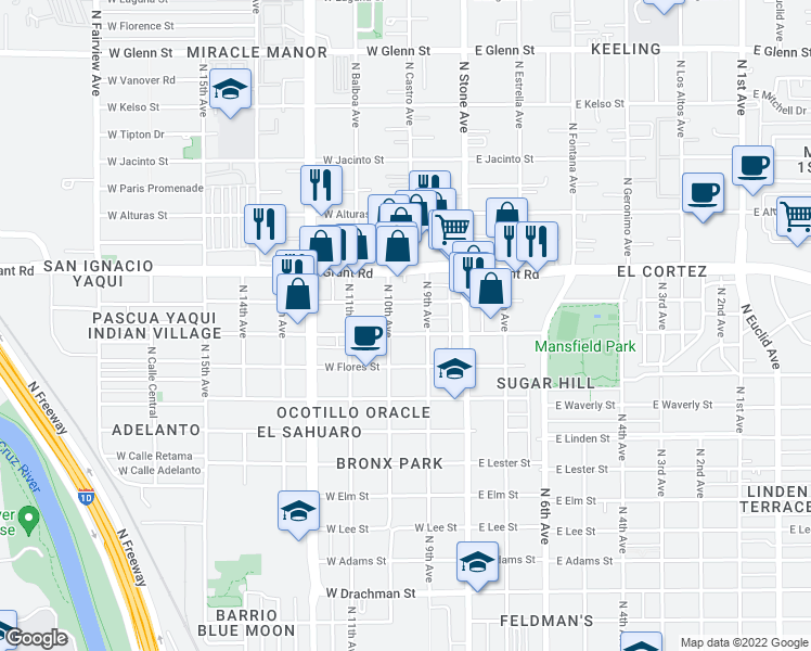 map of restaurants, bars, coffee shops, grocery stores, and more near 116 West Rillito Street in Tucson