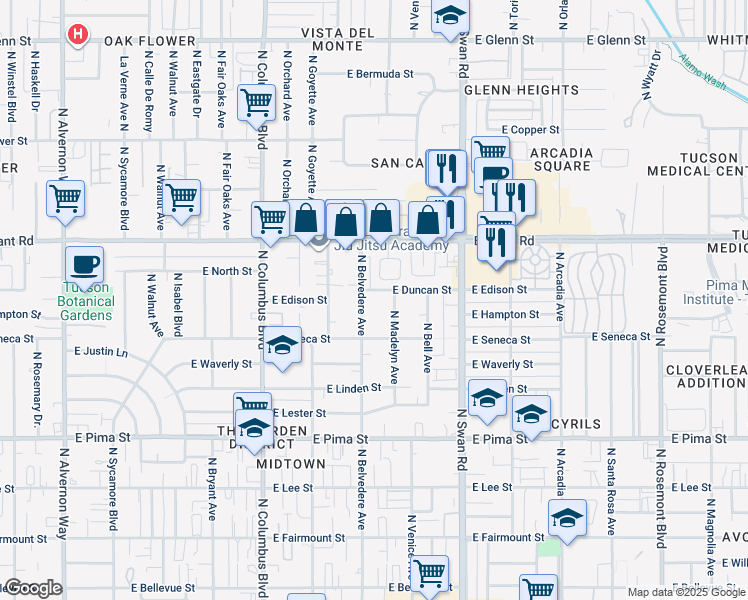 map of restaurants, bars, coffee shops, grocery stores, and more near 2218 North Belvedere Avenue in Tucson