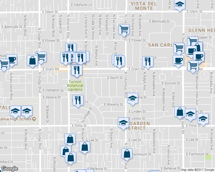 map of restaurants, bars, coffee shops, grocery stores, and more near 2207 North Marion Boulevard in Tucson