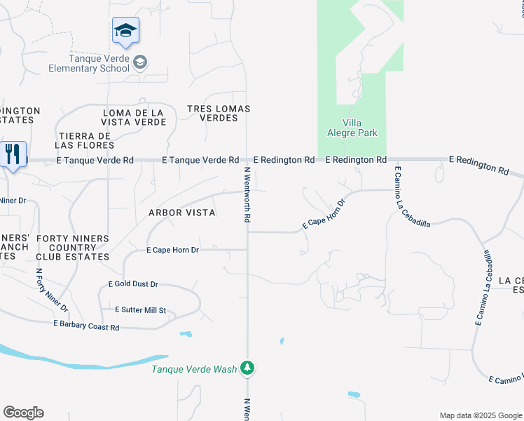 map of restaurants, bars, coffee shops, grocery stores, and more near 2230 North Wentworth Road in Tucson