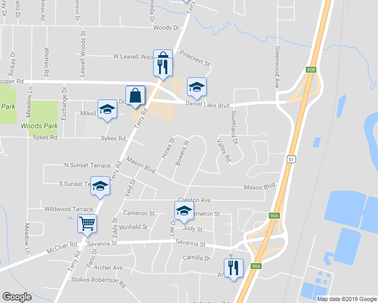 map of restaurants, bars, coffee shops, grocery stores, and more near 3520 Bowers Street in Jackson