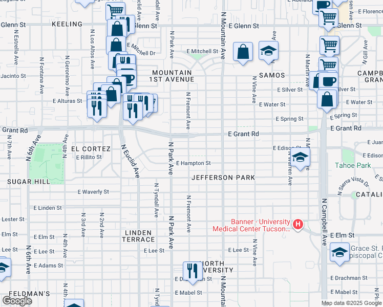 map of restaurants, bars, coffee shops, grocery stores, and more near 2270 North Fremont Avenue in Tucson