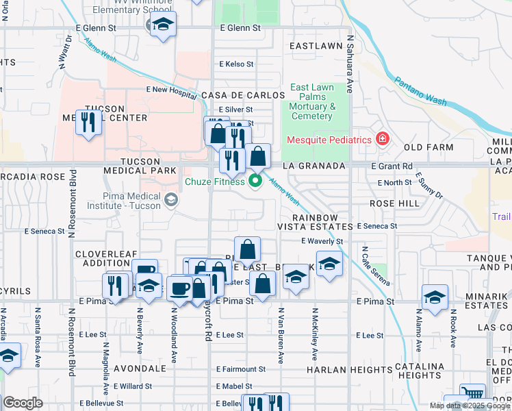 map of restaurants, bars, coffee shops, grocery stores, and more near 5602 East Edison Street in Tucson