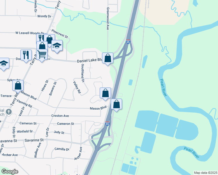 map of restaurants, bars, coffee shops, grocery stores, and more near 100 Covington Park Drive in Jackson
