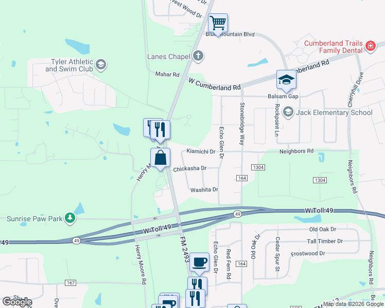 map of restaurants, bars, coffee shops, grocery stores, and more near 10749 Kiamichi Drive in Tyler