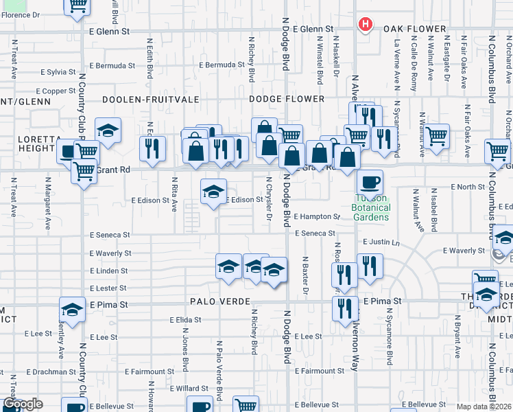 map of restaurants, bars, coffee shops, grocery stores, and more near 220 North Richey Boulevard in Tucson