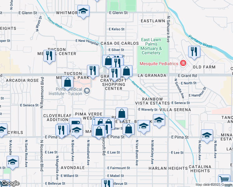 map of restaurants, bars, coffee shops, grocery stores, and more near 2250 North Craycroft Road in Tucson