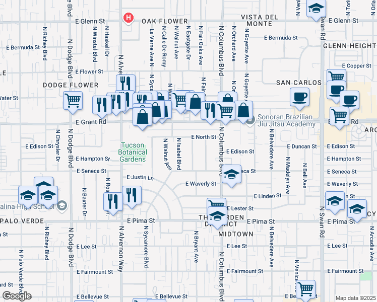 map of restaurants, bars, coffee shops, grocery stores, and more near 2207 North Marion Boulevard in Tucson