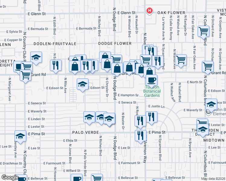 map of restaurants, bars, coffee shops, grocery stores, and more near 2217 North Dodge Boulevard in Tucson