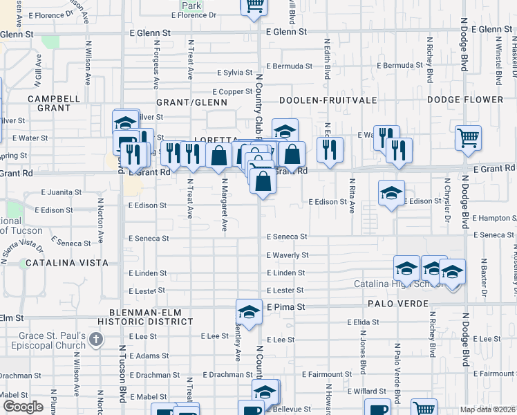 map of restaurants, bars, coffee shops, grocery stores, and more near 2152 North Country Club Road in Tucson