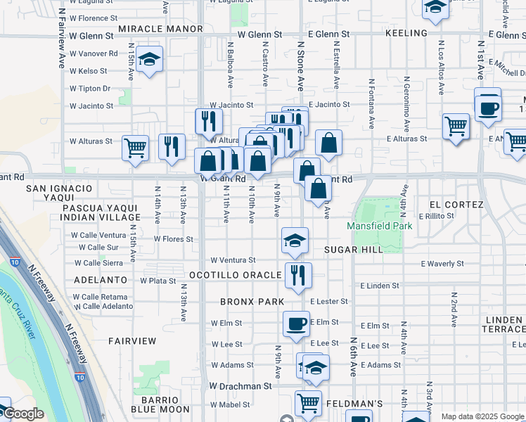 map of restaurants, bars, coffee shops, grocery stores, and more near 124 West Rillito Street in Tucson