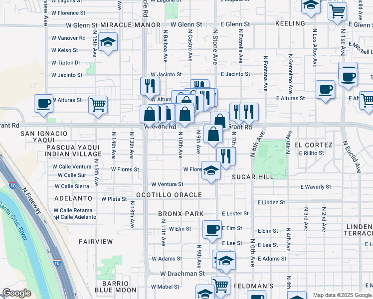 map of restaurants, bars, coffee shops, grocery stores, and more near 124 West Rillito Street in Tucson