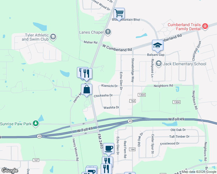 map of restaurants, bars, coffee shops, grocery stores, and more near 10749 Kiamichi Drive in Tyler