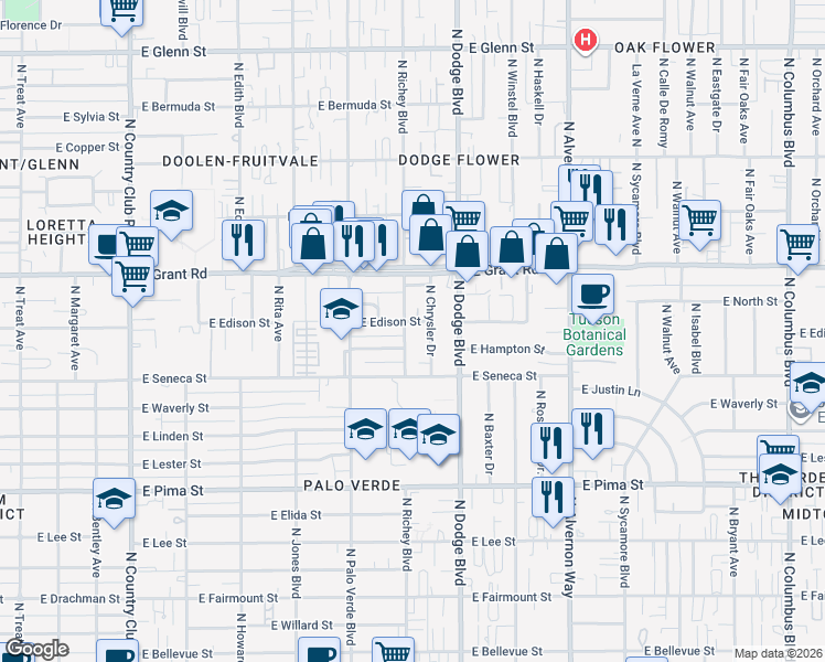 map of restaurants, bars, coffee shops, grocery stores, and more near 220 North Richey Boulevard in Tucson