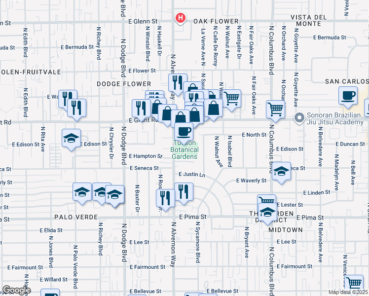 map of restaurants, bars, coffee shops, grocery stores, and more near 2150 North Alvernon Way in Tucson