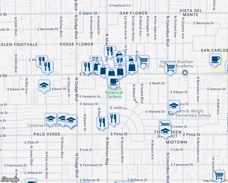 map of restaurants, bars, coffee shops, grocery stores, and more near 2150 North Alvernon Way in Tucson