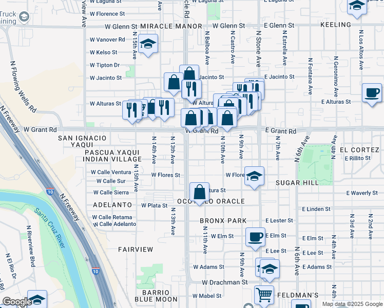 map of restaurants, bars, coffee shops, grocery stores, and more near 2260 N Oracle Rd in Tucson
