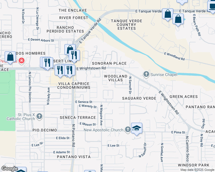 map of restaurants, bars, coffee shops, grocery stores, and more near 8142 East Rivenoak Drive in Tucson