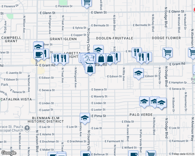 map of restaurants, bars, coffee shops, grocery stores, and more near 3100 East Edison Street in Tucson