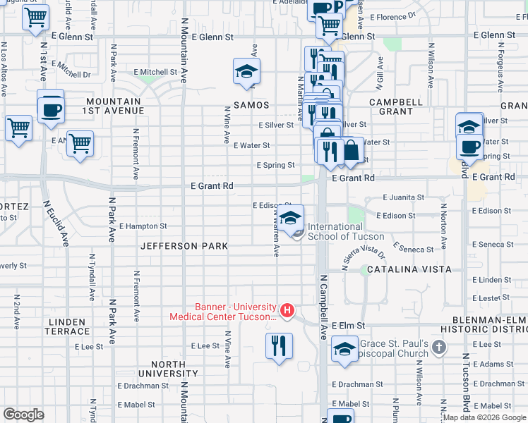 map of restaurants, bars, coffee shops, grocery stores, and more near 1628 East Edison Street in Tucson