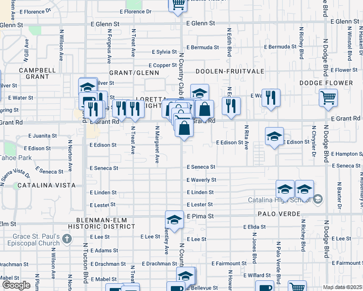 map of restaurants, bars, coffee shops, grocery stores, and more near 2152 North Country Club Road in Tucson