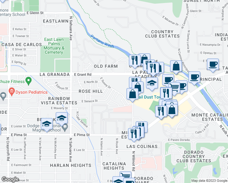 map of restaurants, bars, coffee shops, grocery stores, and more near 6174 East Seneca Street in Tucson
