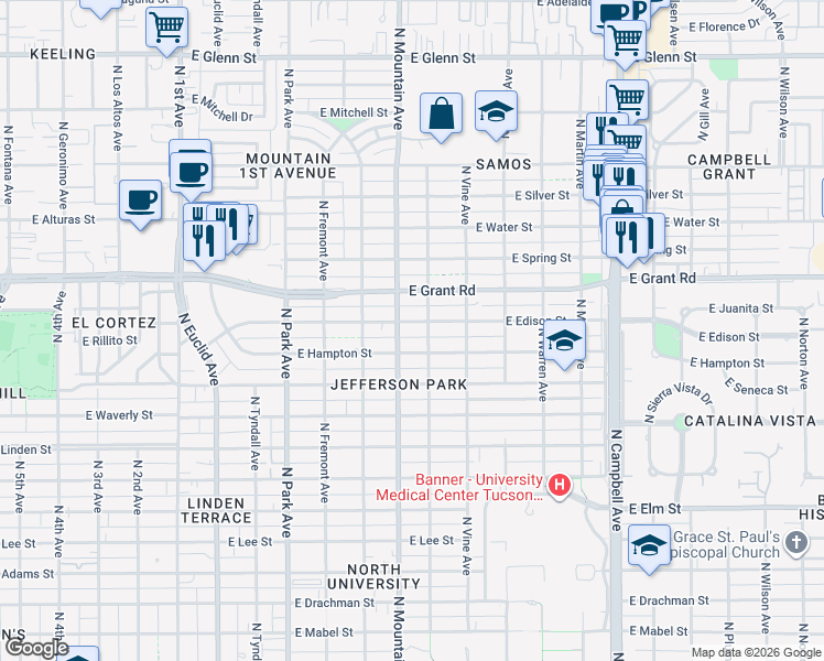 map of restaurants, bars, coffee shops, grocery stores, and more near 1324 East Edison Street in Tucson