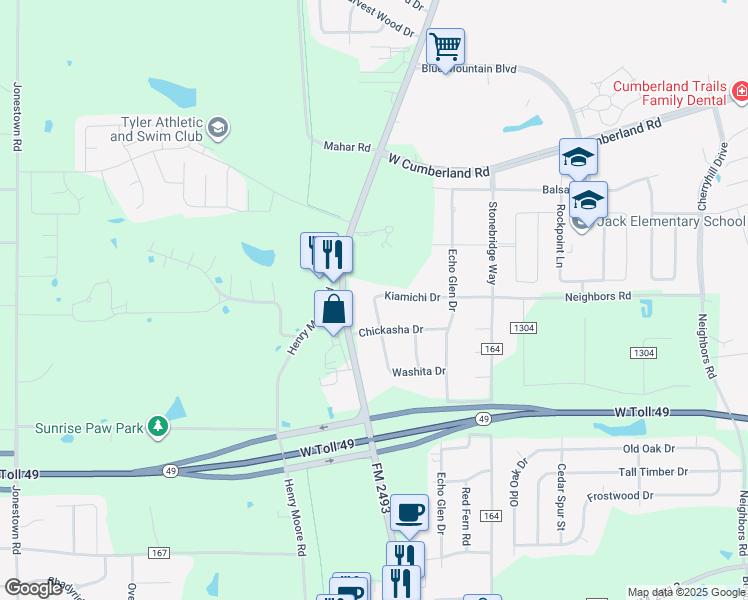 map of restaurants, bars, coffee shops, grocery stores, and more near 15941 Shoshone Drive in Tyler