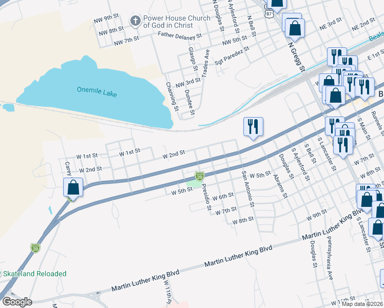 map of restaurants, bars, coffee shops, grocery stores, and more near 1201 West 2nd Street in Big Spring