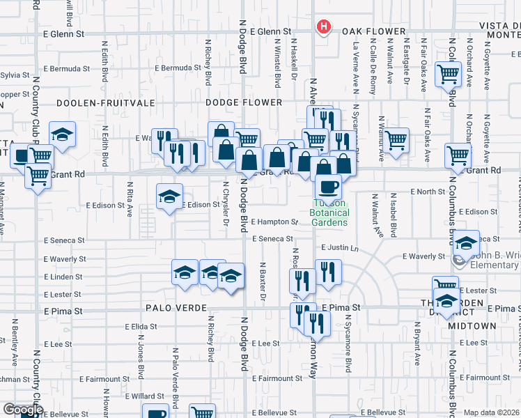 map of restaurants, bars, coffee shops, grocery stores, and more near 3734 East Edison Street in Tucson
