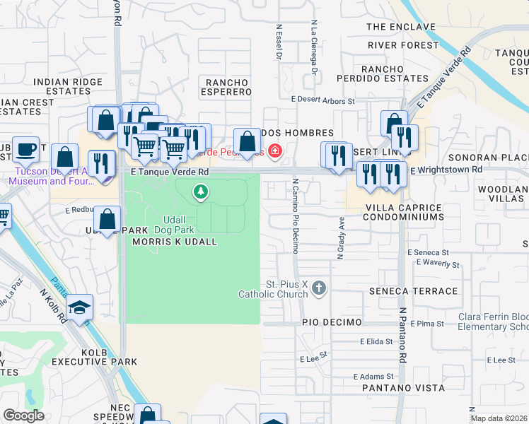 map of restaurants, bars, coffee shops, grocery stores, and more near 7500 East Hampton Place in Tucson