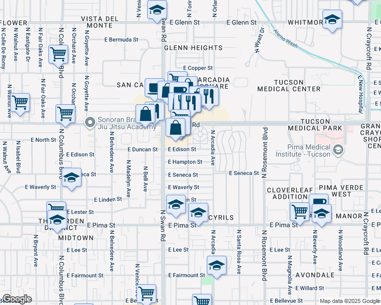 map of restaurants, bars, coffee shops, grocery stores, and more near 4802 East Edison Street in Tucson