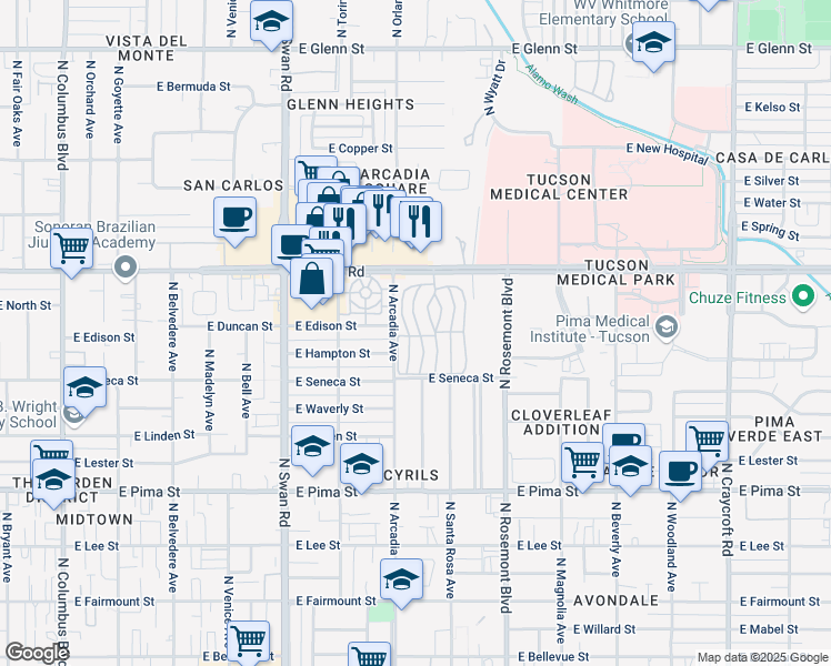 map of restaurants, bars, coffee shops, grocery stores, and more near 5000 East Grant Road in Tucson
