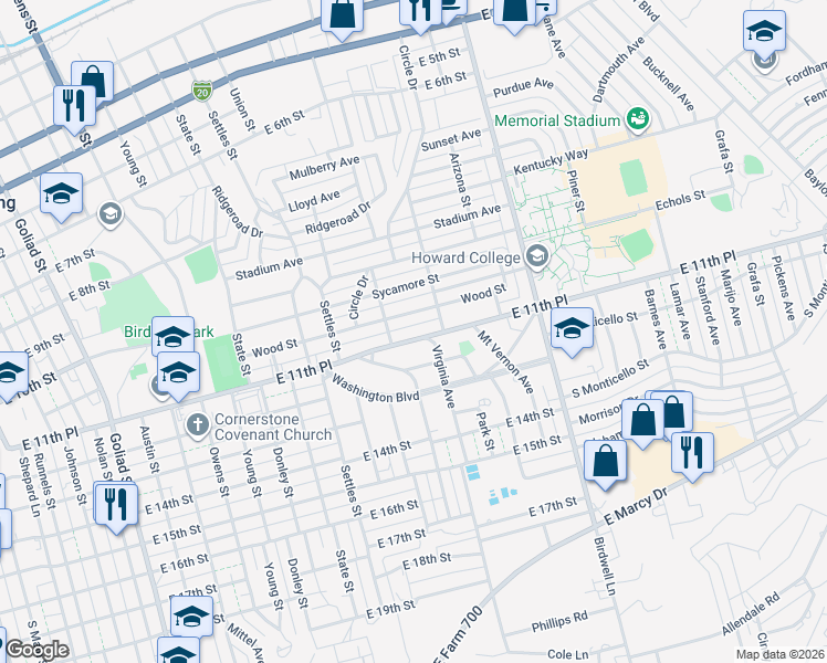 map of restaurants, bars, coffee shops, grocery stores, and more near 1477-1499 East 11th Place in Big Spring